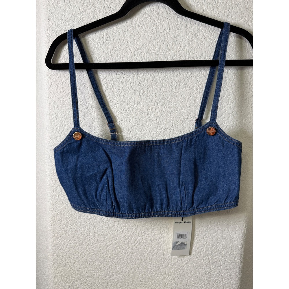 Wrangler x STAUD Denim Bralette Top Indigo Blue Cropped Button Back Medium NEW